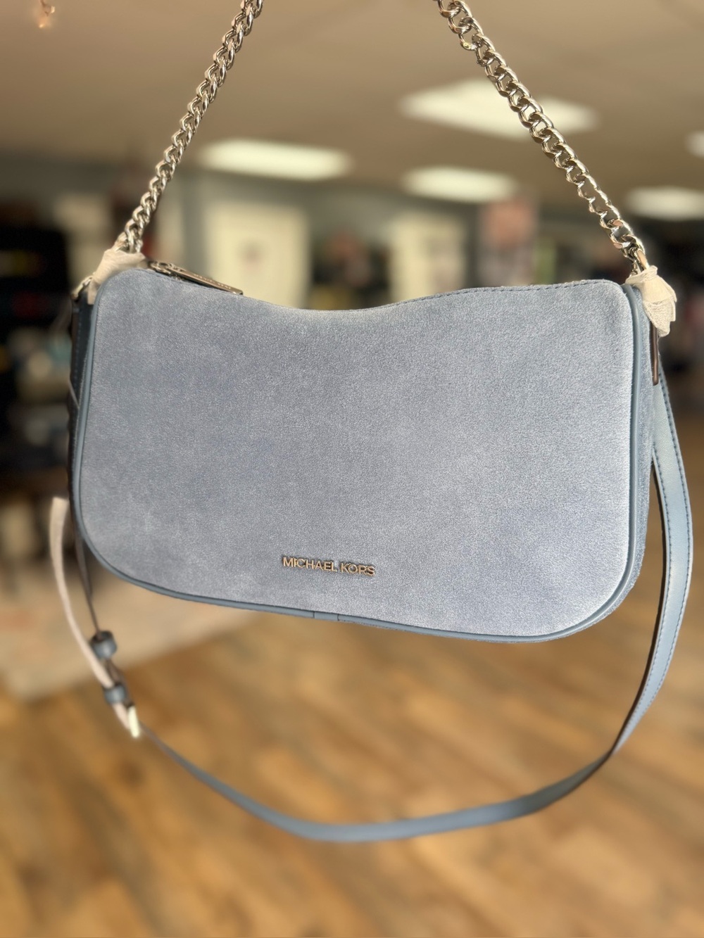 Michael Kors Carmela Medium Pochette Crossbody Bag Denim Blue Suede NWT